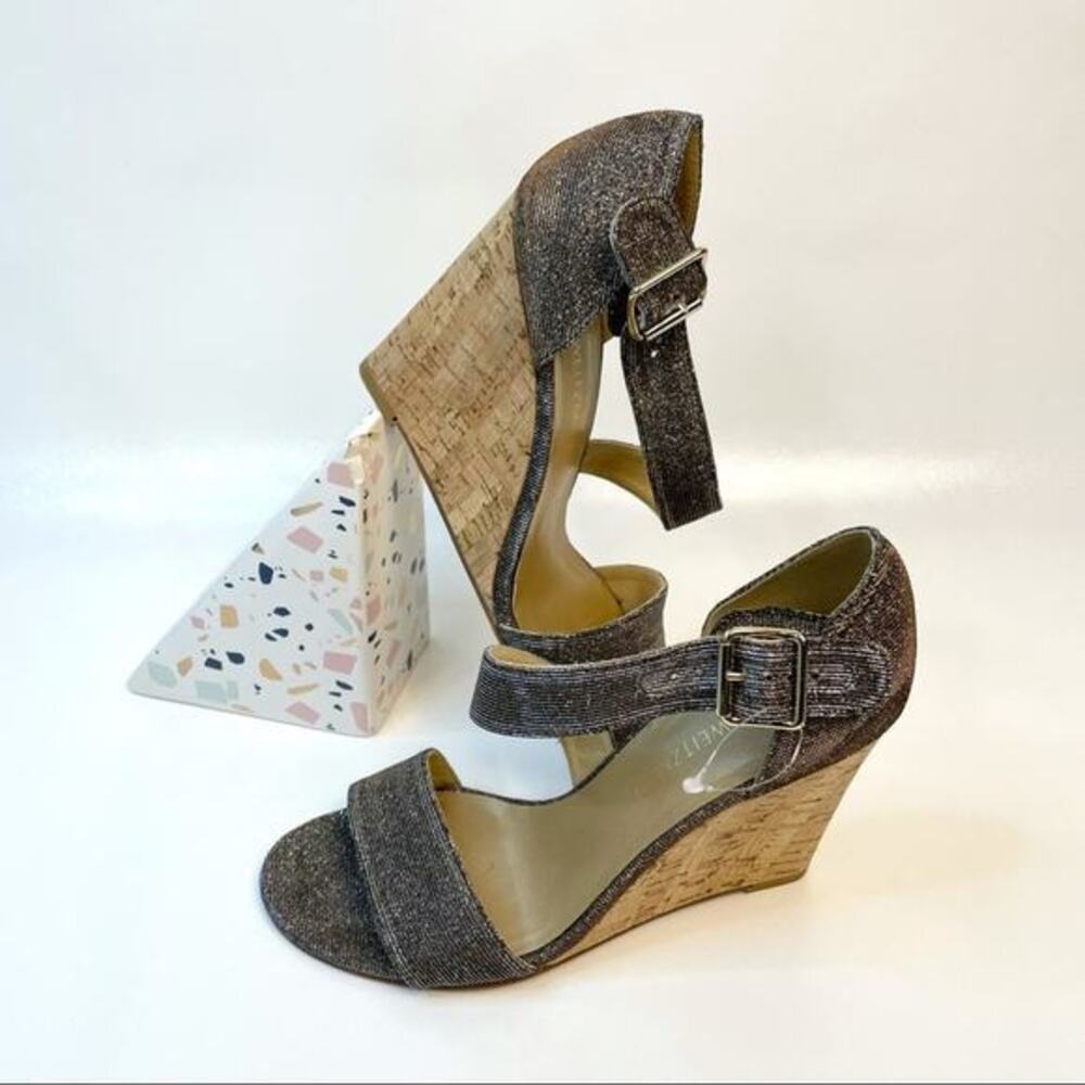 Stuart Weitzman Wedge Sandals Gold Metallic Sparkle Size 8 Y2K Baddie Glam‎